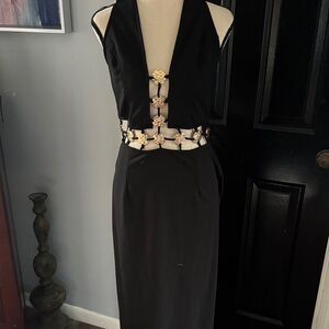 Elegant Black Backless Dress with Gold Detailing